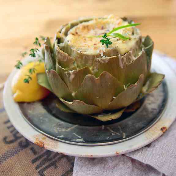 Artichoke with Brie and Almond Sauce