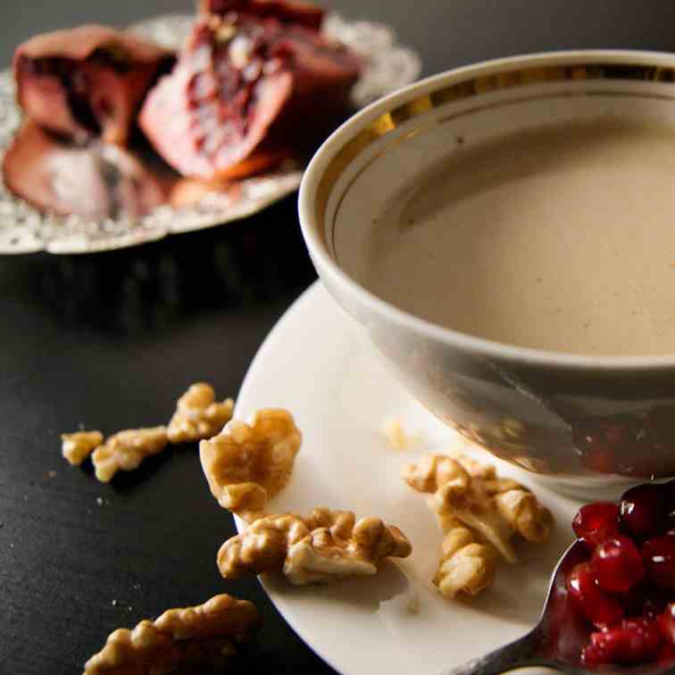 Chestnut soup with pomegranate and walnut