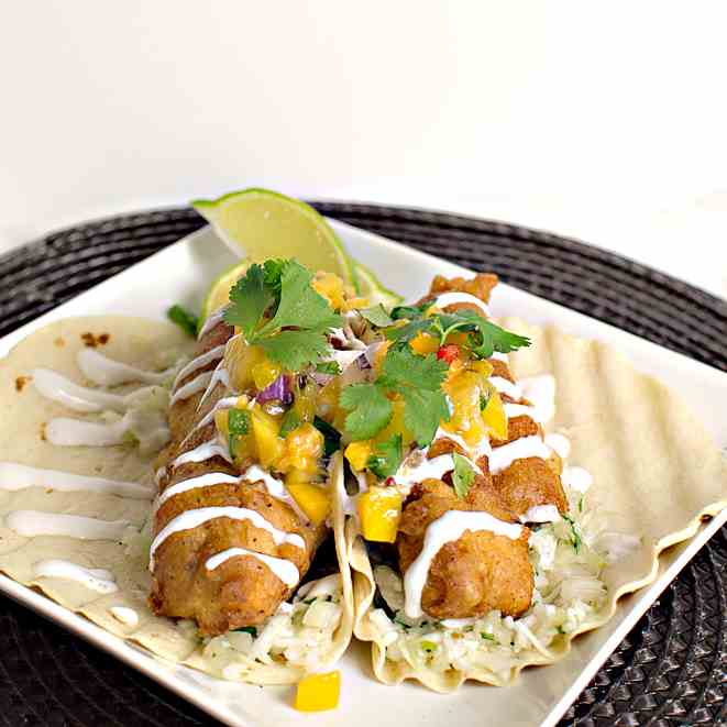Beer Battered Fish Tacos with Peach Salsa