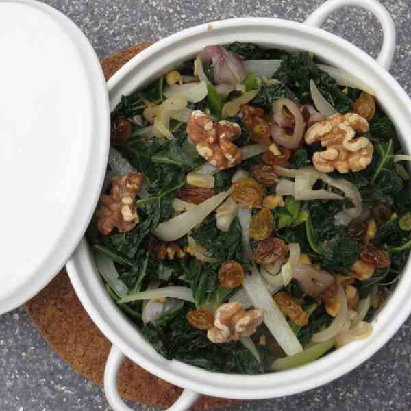 kale with golden raisins and walnuts