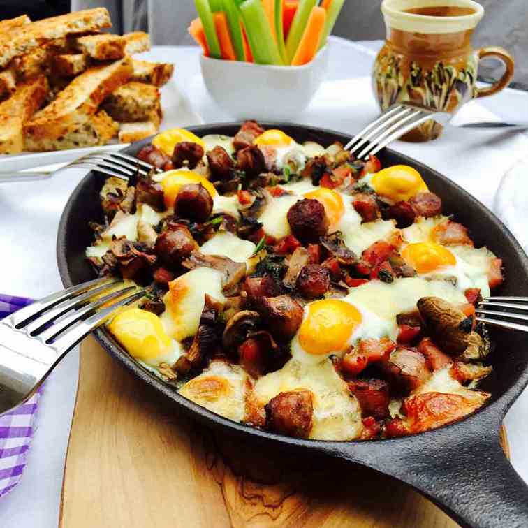 Quail eggs, mushrooms and bacon 