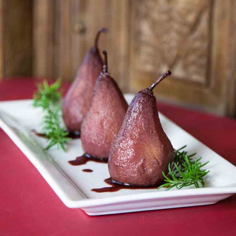 Pears Poached in fragrant Red Wine