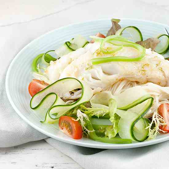 Cod, flat beans and noodle spring salad