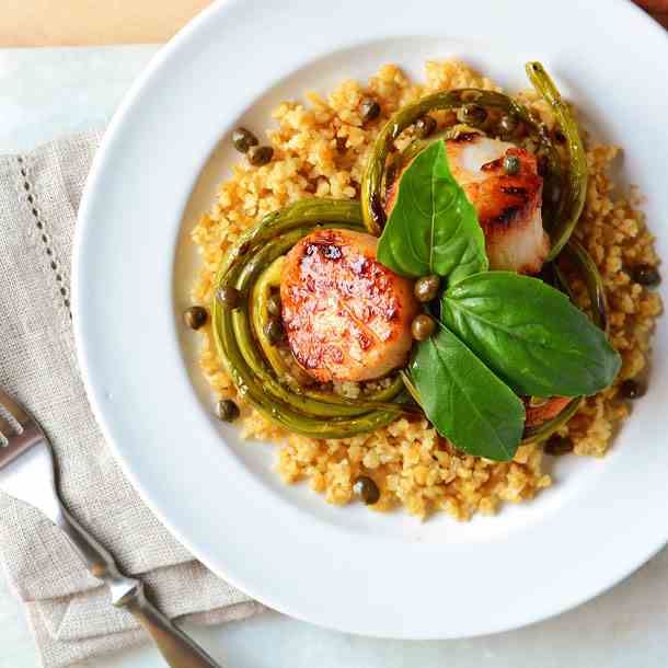 Diver Scallops with Grilled Garlic Scapes
