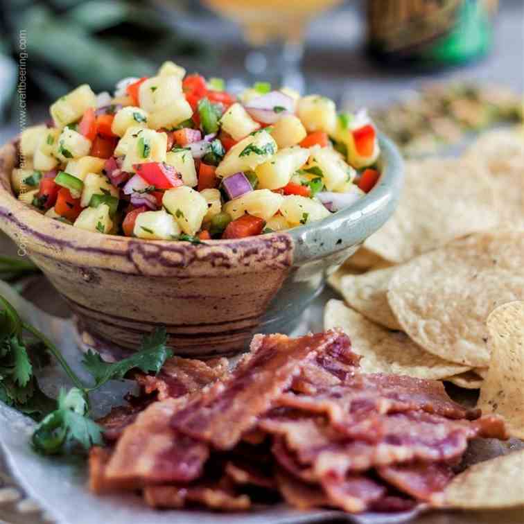 Pineapple Salsa with Candied Bacon Chips