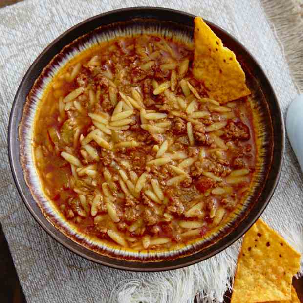 Beanless Chili with Orzo