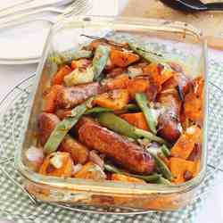 Sausage, sweet potato & orange tray-bake