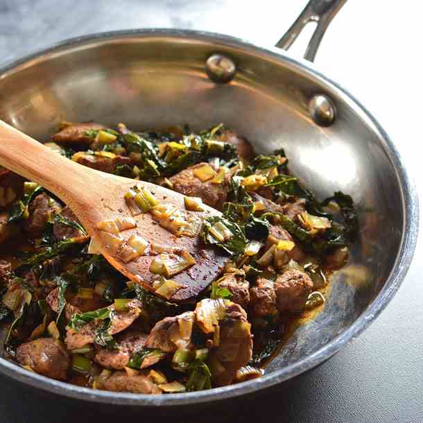 Chicken Livers w Leeks and Kale