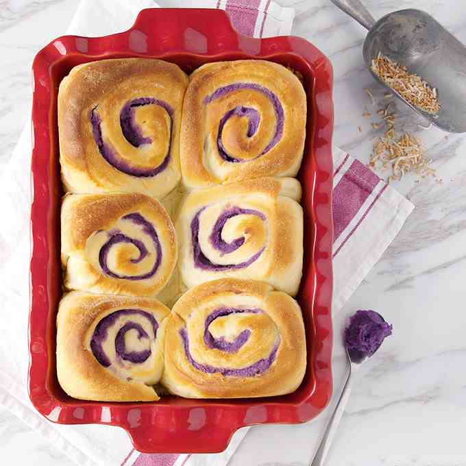 Ube Bread Rolls with Toasted Coconut