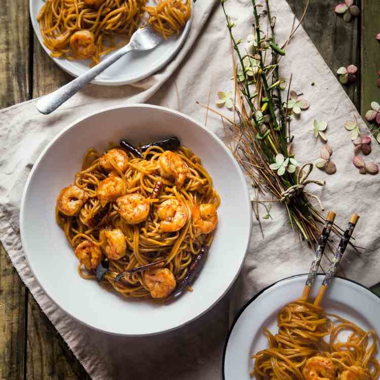 Spicy Kung Pao Noodles with Shrimp