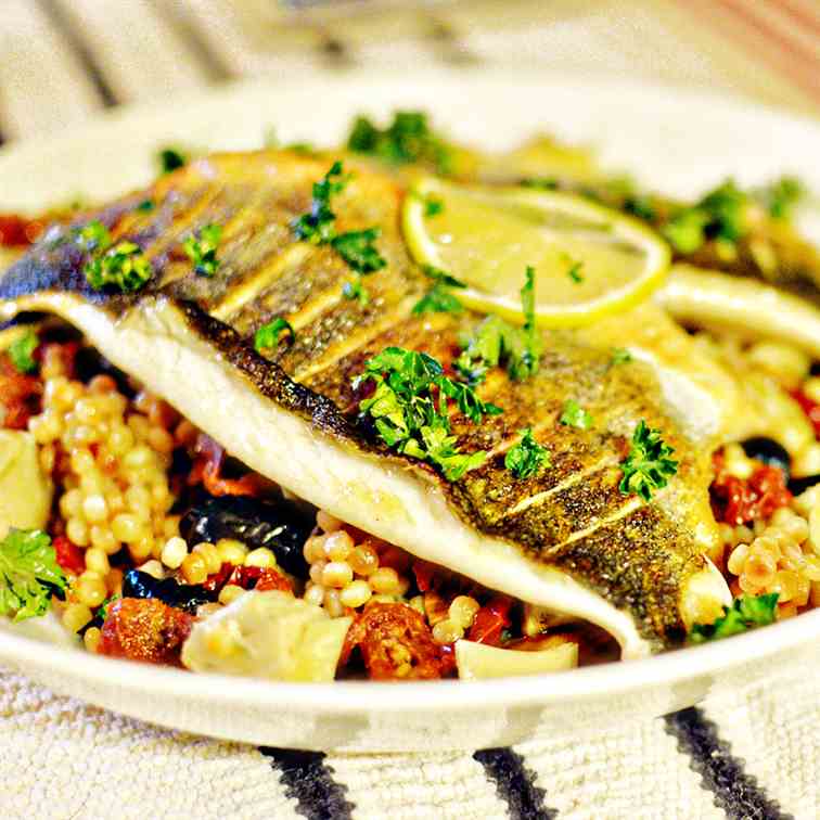 Pan fried sea bass and pearl couscous