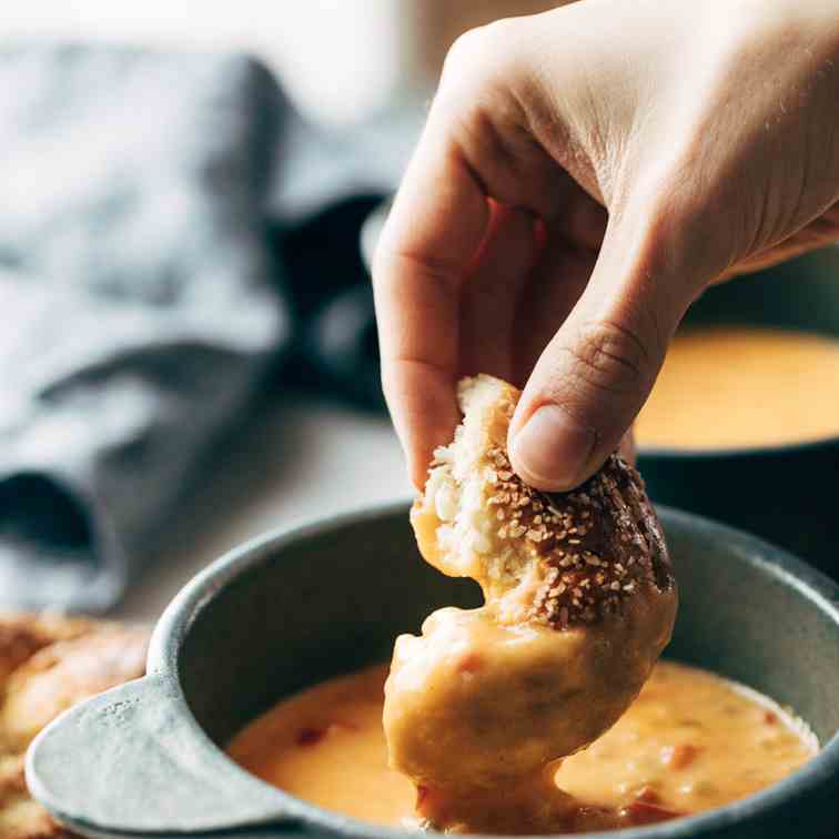 Beer cheese soup with soft pretzels