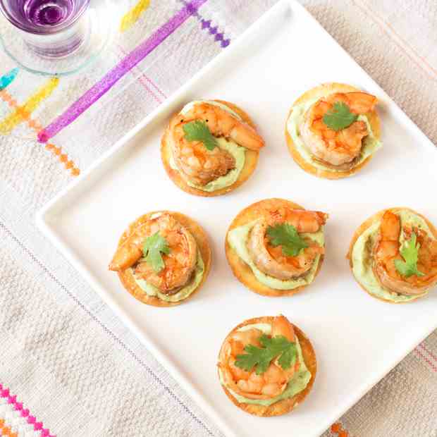 Spicy Shrimp Tostada Bites with Avocado Cr