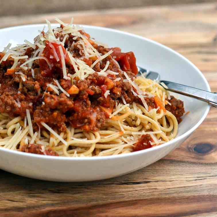 Spaghetti Bolognese with Parmesan & Basil