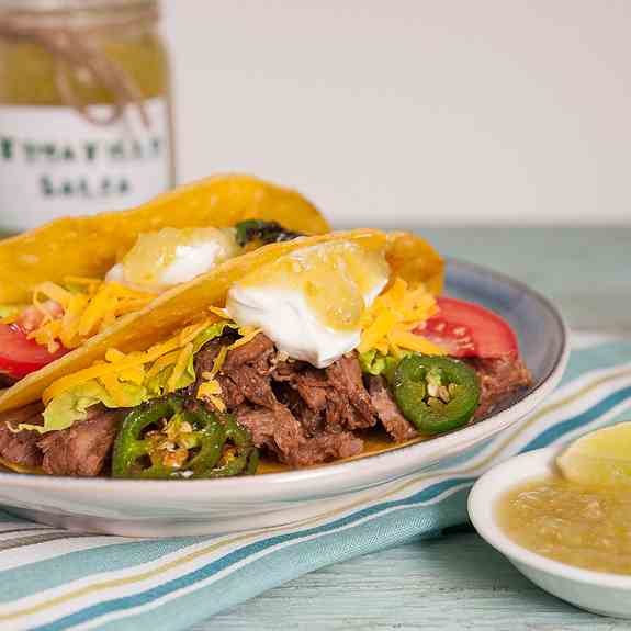 Shredded Beef Tacos with Tomatillo Salsa