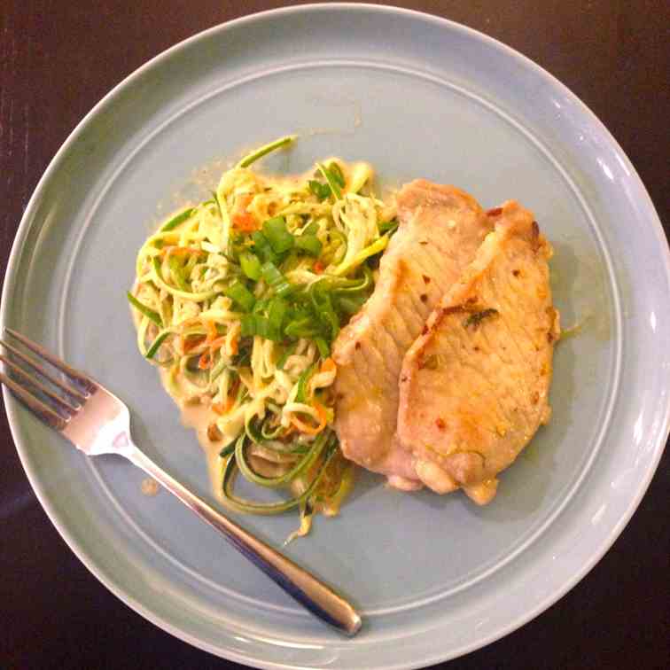 Paleo Peanut Zoodles with Pork Cutlets 