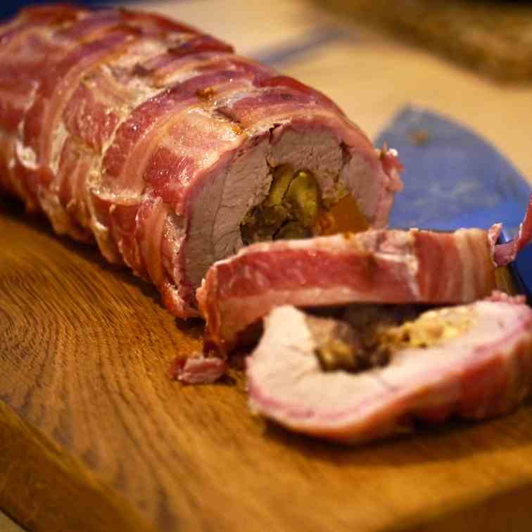 Bacon wrap stuffed pork tenderloin