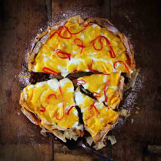 Mango Tart with Sweet Red Chilli Syrup