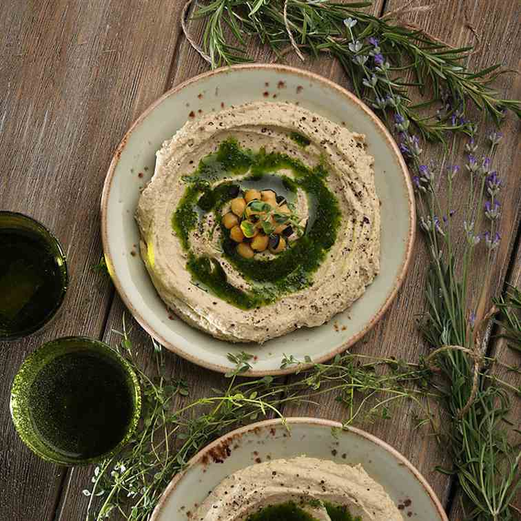 Hummus with Olives and Green Oil
