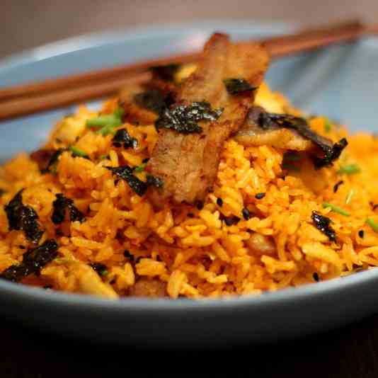 Kimchi Fried Rice with Crispy Pork Belly