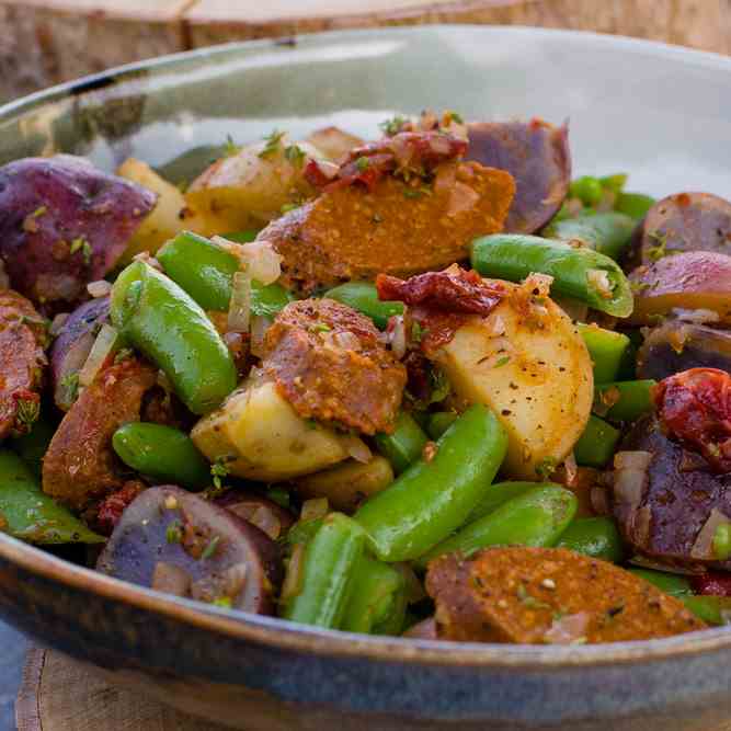 Spicy Sausage, Baby Potatoes, and Snap Pea
