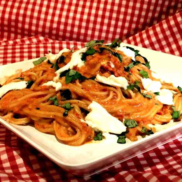 Spelt Pasta with Red Pepper Tomato Sauce