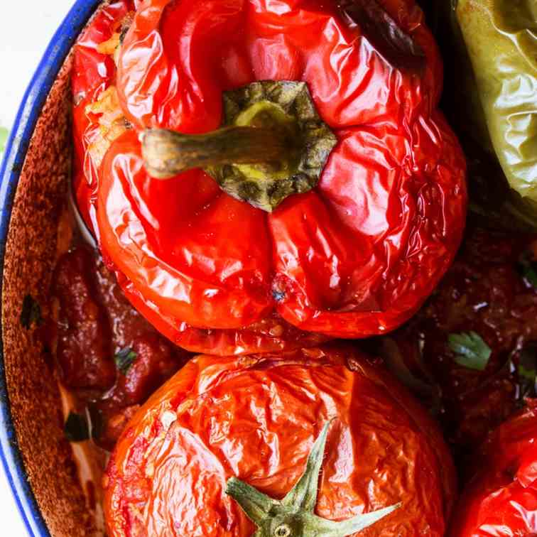 Yemista Greek stuffed peppers and tomatoes
