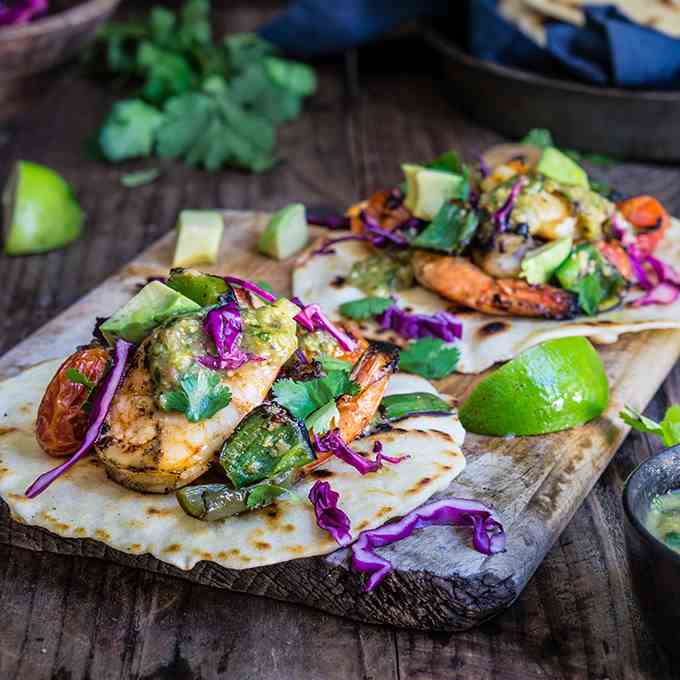 Grilled shrimp tacos with tomatillo salsa