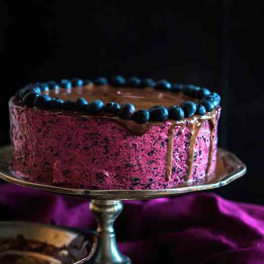 A chocolate cake with blueberry mousse