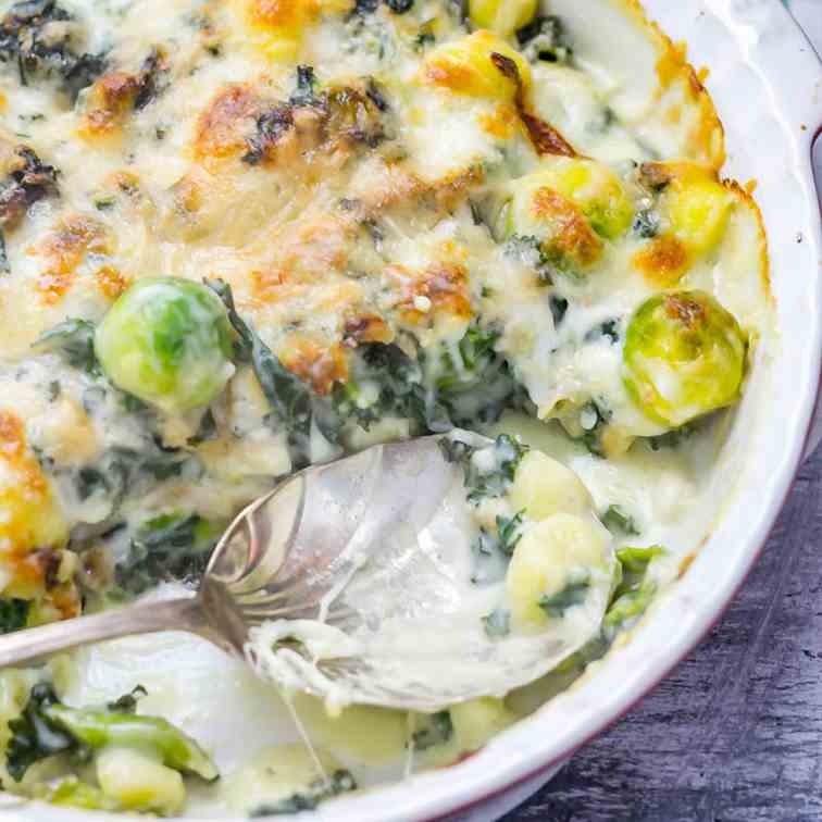 Cheesy Baked Gnocchi with Kale and Brussel