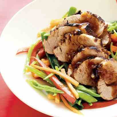 Chinese roasted pork with stir-fried veget
