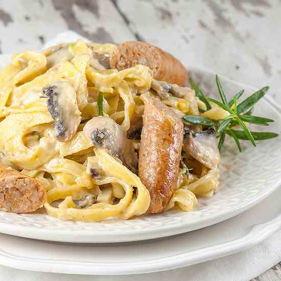 Creamy mushroom pasta with chipolata sausa