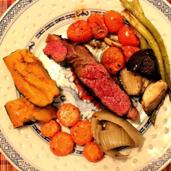 Roasted Vegetables, Tomatoes and Steak