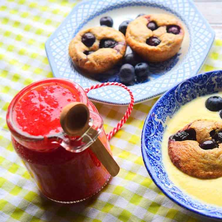 Blueberry Pudding, Jam - Custard