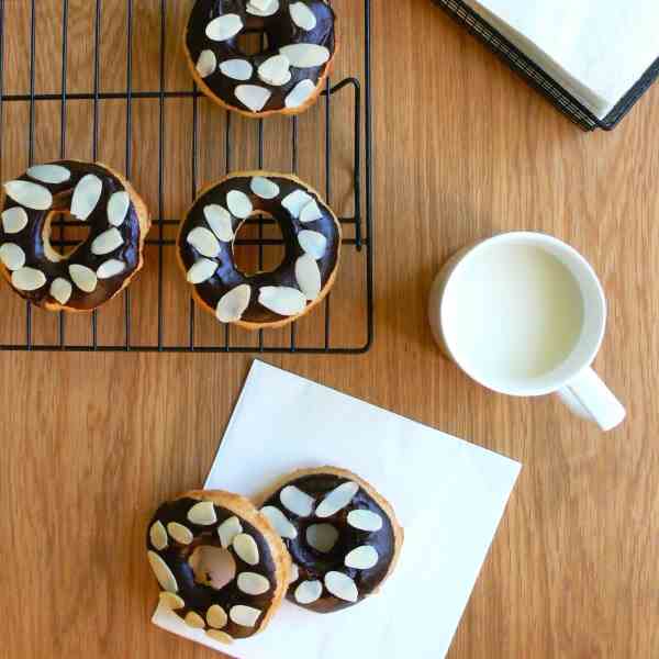 Chocolate glazed and almond donuts