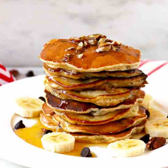 Chocolate Chip Banana Pancakes with Maple
