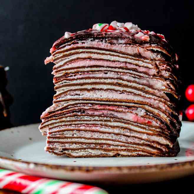 Dark Chocolate Candy Cane Crepe Cake