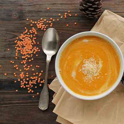 Pumpkin, lentil and coconut soup