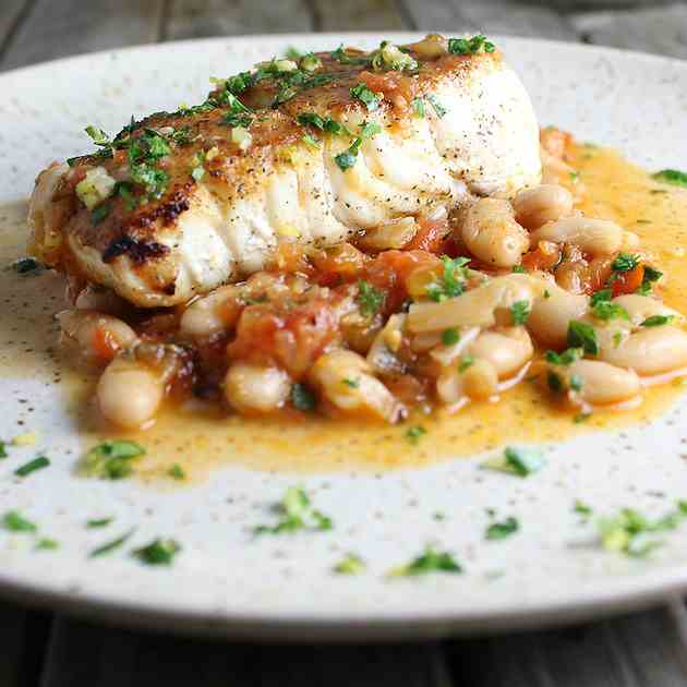 Pan-Seared Halibut With White Beans