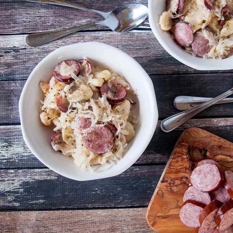 Sauerkraut and Sausage Knoephla Skillet