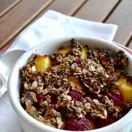 Baked peach and raspberry oatmeal