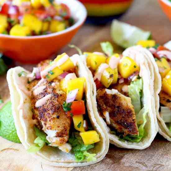 Blackened Fish Tacos - Mango Salsa