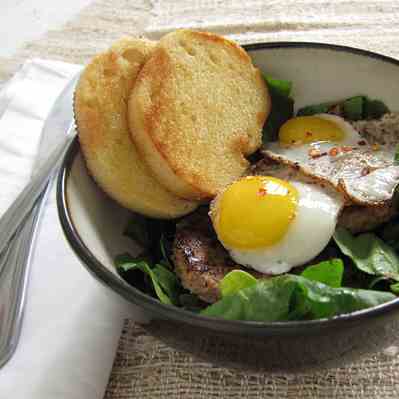 Sausage, Spinach, and Quail Egg Breakfast 