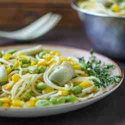 Artichoke, Corn, and Edamame Spaghetti