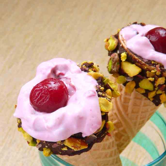 Cones with Pistachio Cherry Yogurt