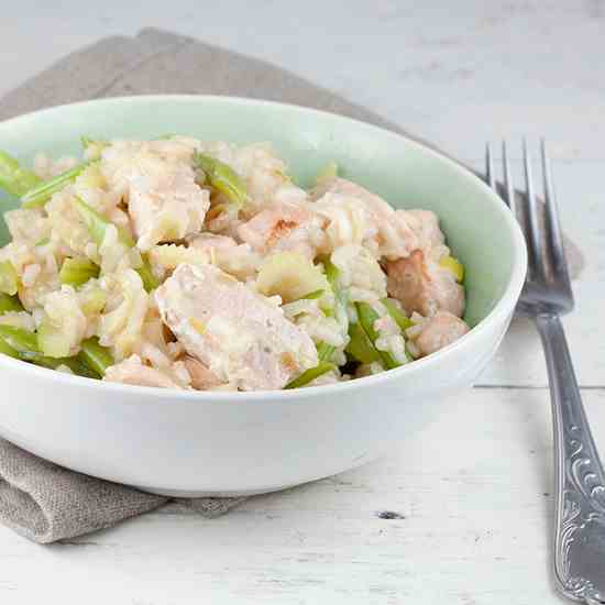 Salmon and flat bean risotto