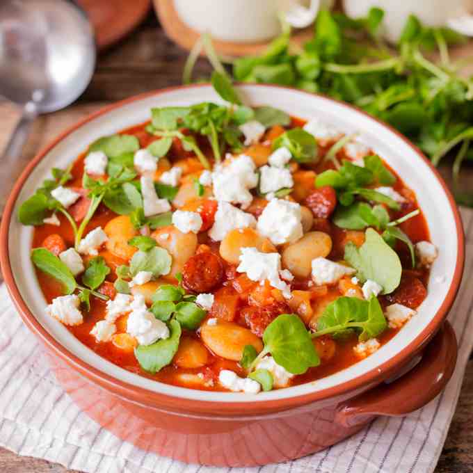 20 minute butterbean, chorizo feta soup