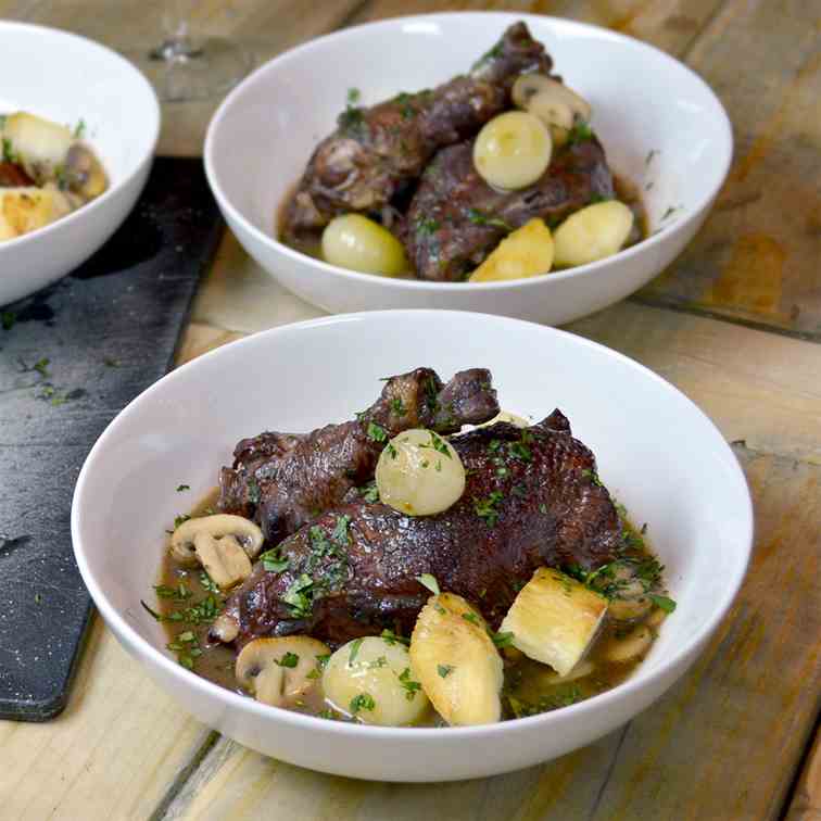 Coq au Vin with Cachaça, Cilantro and Yuca