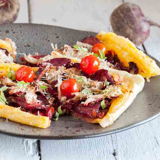 Beetroot and chicken puff pastry tart