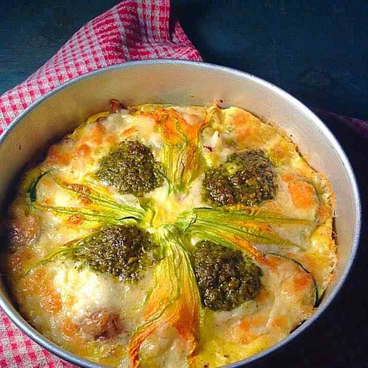 Kale pesto and zucchini blossom frittata